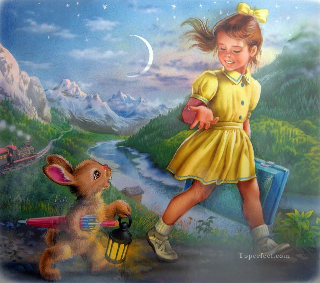 girl and bunny pet kids Oil Paintings